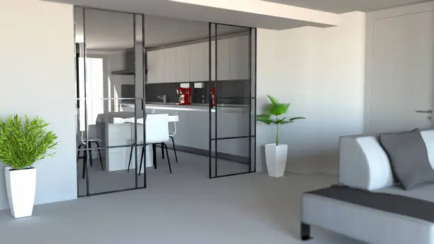 Sliding door, living room and kitchen partition, modern apartment entrance, industrial style. 3d rendering