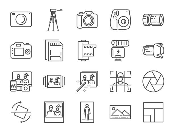 foto und kamera linie-icon-set. ikonen wie bild, bild, galerie, album, polaroid und mehr enthalten. - medium format camera stock-grafiken, -clipart, -cartoons und -symbole