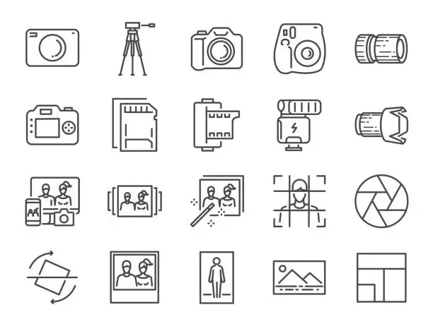 Vector illustration of Photo and camera line icon set. Included icons as image, picture, gallery, album, polaroid and more.