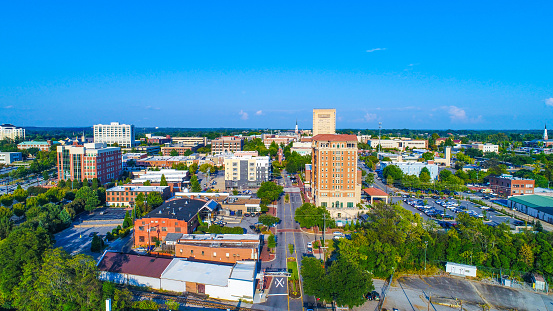 Drone Aerial of the Downtown Spartanburg, South Carolina, USA Skyline