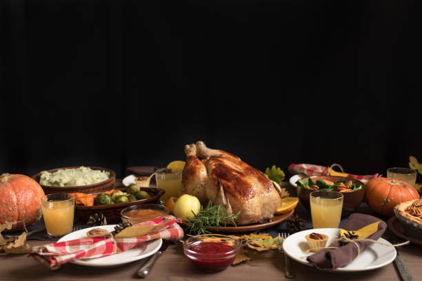 Thanksgiving Turkey Dinner Thanksgiving Turkey Dinner with All the Sides. Homemade Roasted Turkey and all traditional dishes on Festive Thanksgiving table, copy space. gourd photos stock pictures, royalty-free photos & images