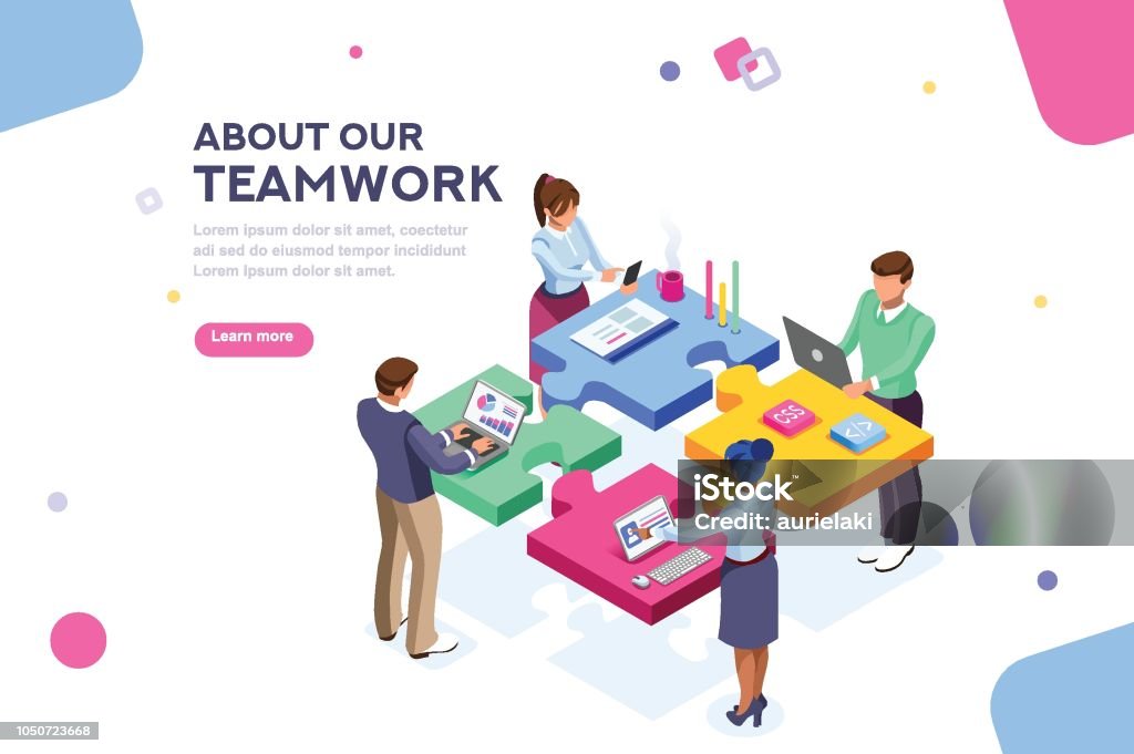 Startup Website Template Banner Startup employees. Goal thinking, infographic of puzzle. Cooperation construction by agency group to create a team. Concept for webdesign. White isolated concept with characters flat isometric Vector Teamwork stock vector