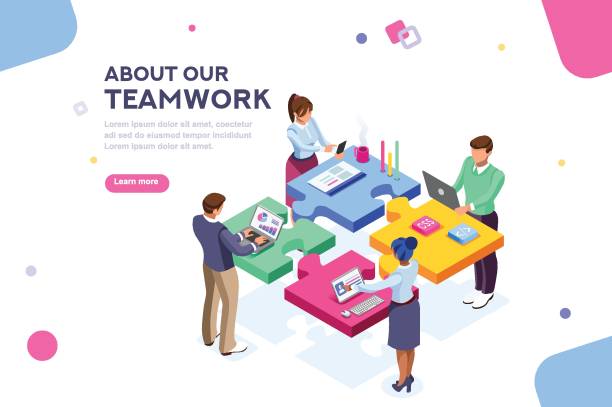 Startup Website Template Banner Startup employees. Goal thinking, infographic of puzzle. Cooperation construction by agency group to create a team. Concept for webdesign. White isolated concept with characters flat isometric Vector people infographics stock illustrations