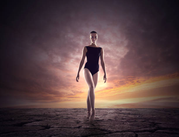istock Elegant ballerina stands on dry ground against dramatic sunset 1050726316