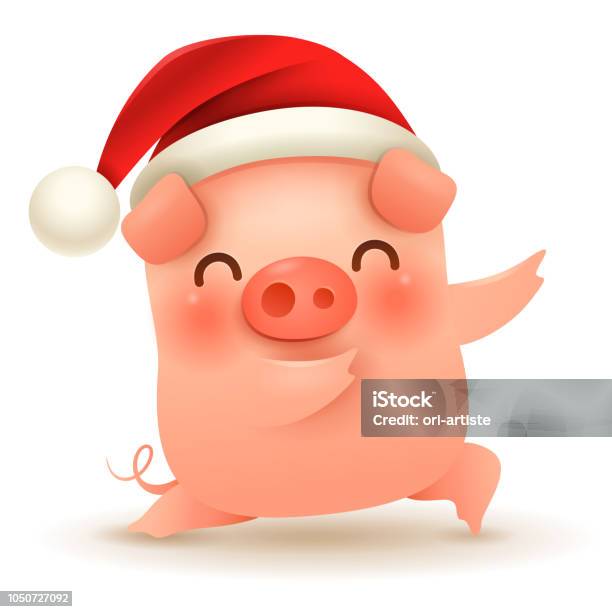 Little Pig With Christmas Santas Red Cap Happy New Year Stock Illustration - Download Image Now