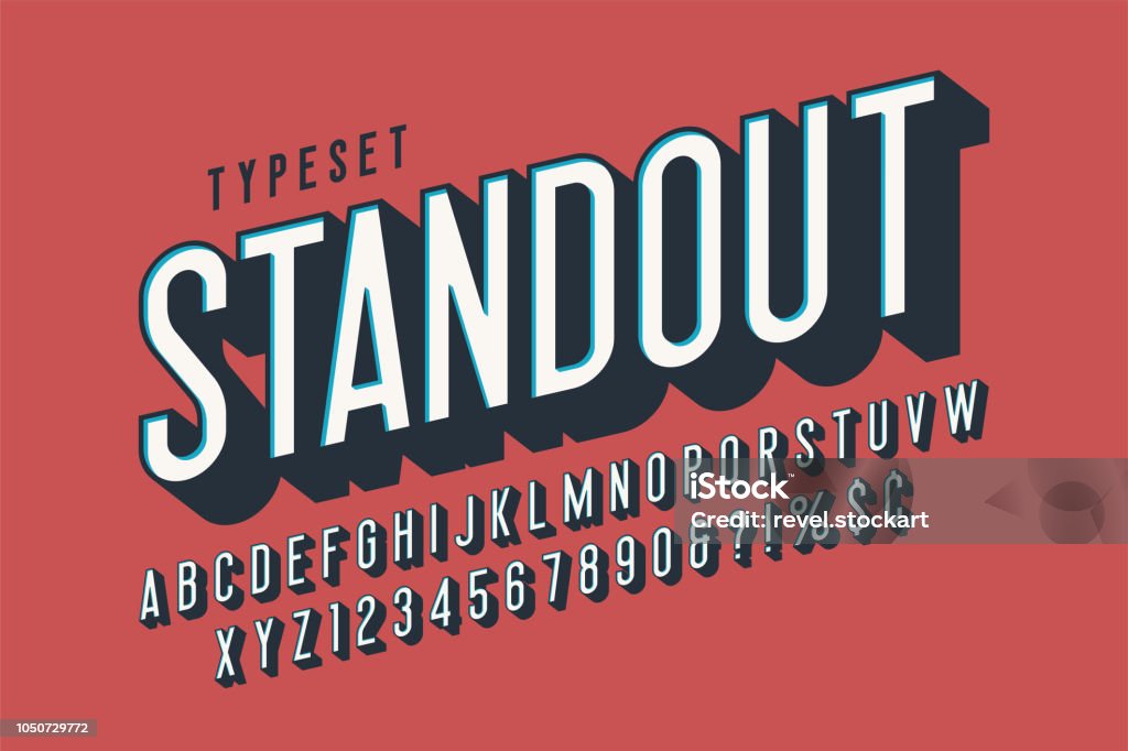 3d retro pantalla diseño de la fuente, alfabeto, letras - arte vectorial de Letra de imprenta libre de derechos