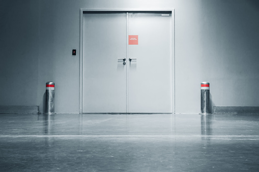Steel securities door and fire protection system in department store.