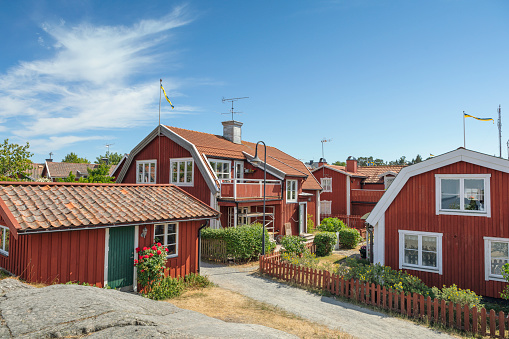 Red houses in the village of Sandhamn on Sandön (island) in Stockholm archipelago.