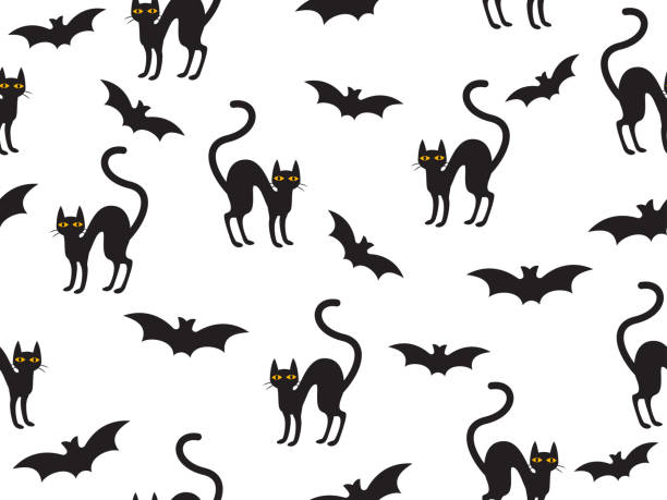 illustrazioni stock, clip art, cartoni animati e icone di tendenza di modello astratto senza cuciture halloween con gatto e pipistrello su sfondo bianco - bat cartoon halloween wing
