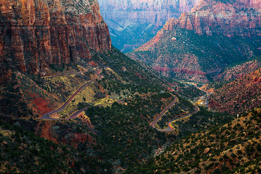 Zion Canyon and Mount Carmel Highway seen from Canyon Overlook in Zion National Park, Utah, USA.