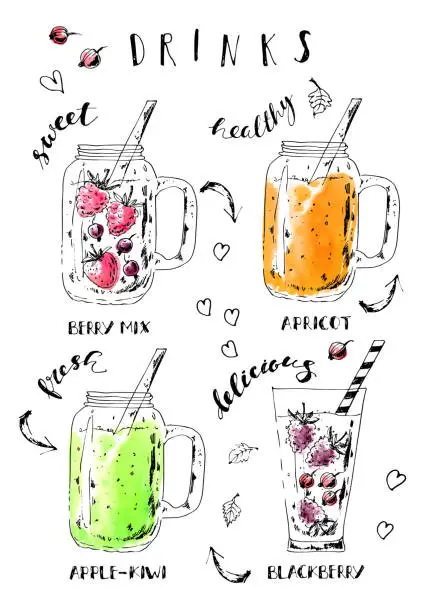 Vector illustration of Hand drawn summer fruit smoothie drinks background