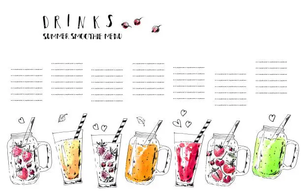 Vector illustration of Hand drawn summer fruit smoothie drinks menu. Ink and watercolor stain illustration.