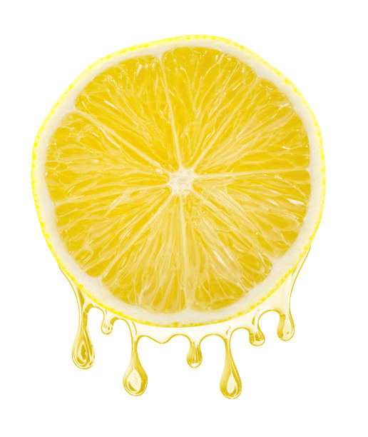 istock Sliced lemon with a juice dropping from it, isolated on white background 1050752606