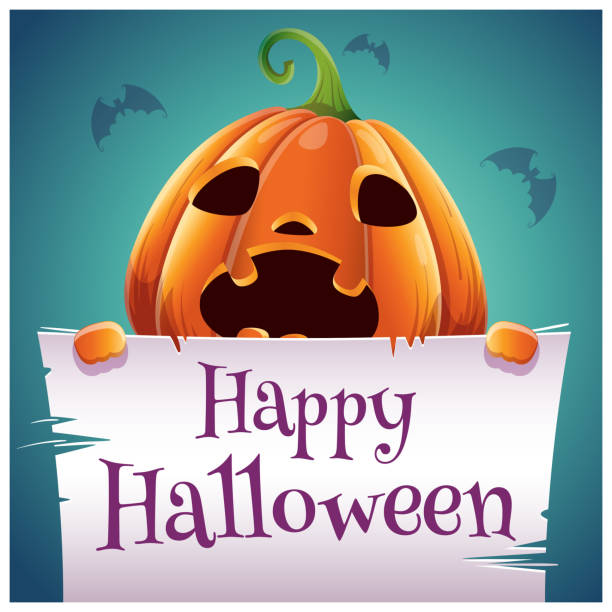 happy halloween-poster mit angst kürbis mit pergament auf dunkelblauem hintergrund. happy halloween-party. - scroll halloween pumpkin letter stock-grafiken, -clipart, -cartoons und -symbole