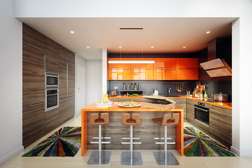 Digitally generated contemporary domestic kitchen interior design.\n\nThe scene was rendered with photorealistic shaders and lighting in Autodesk® 3ds Max 2016 with V-Ray 3.6 with some post-production added.