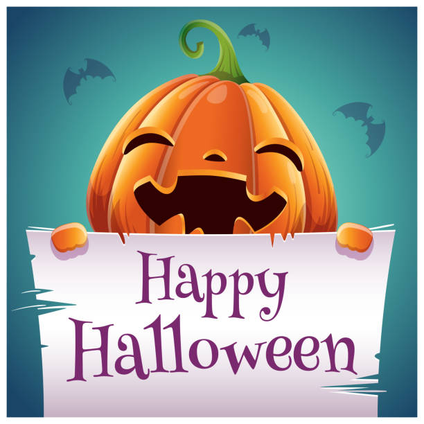 happy halloween plakat mit lächelnden kürbis mit pergament auf dunkelblauem hintergrund. happy halloween-party. - scroll halloween pumpkin letter stock-grafiken, -clipart, -cartoons und -symbole