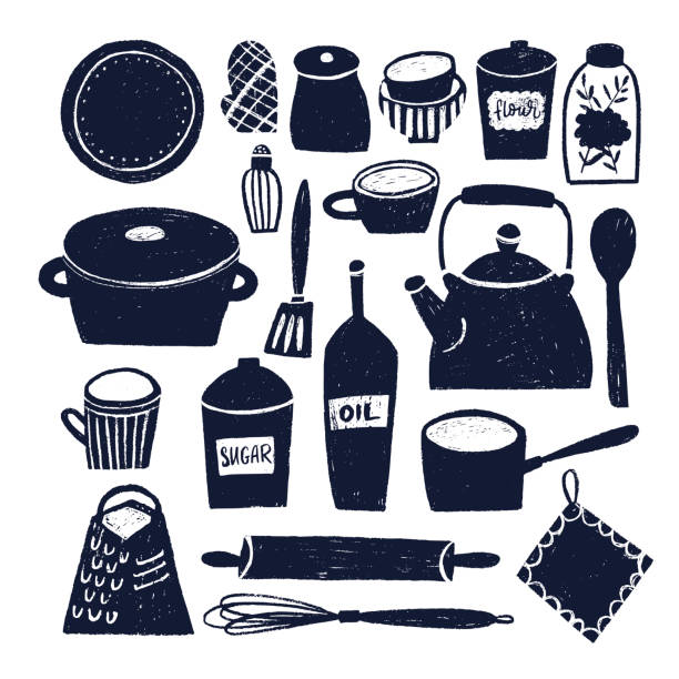 набор нарисованных вручную кухонных предметов, изолированных на белом фоне. - knife table knife kitchen knife white background stock illustrations