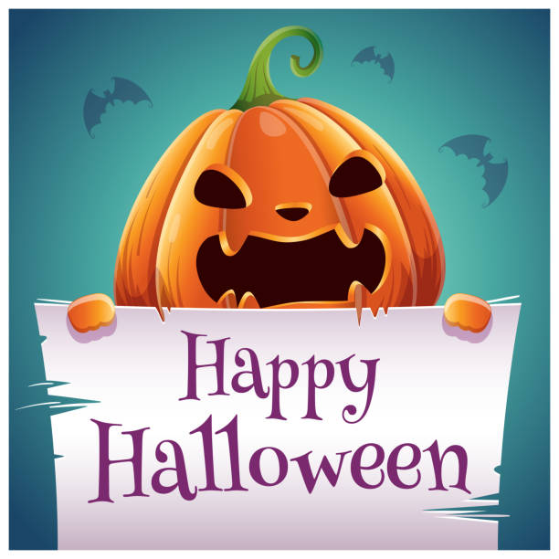 happy halloween-poster mit böse böse kürbis mit pergament auf dunkelblauem hintergrund. happy halloween-party. - scroll halloween pumpkin letter stock-grafiken, -clipart, -cartoons und -symbole