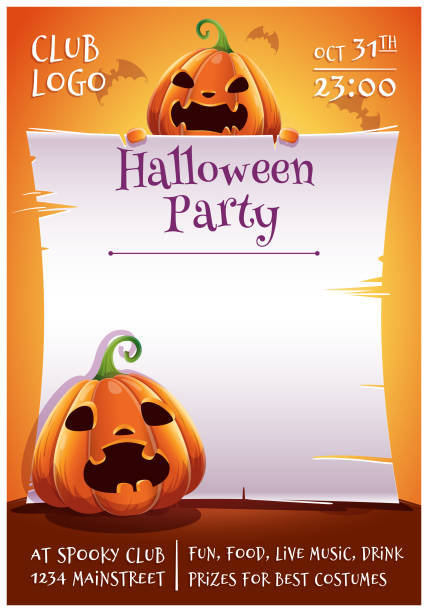 happy halloween editierbare poster mit wütend und ängstlich kürbisse mit pergament auf orangem hintergrund mit fledermäusen. happy halloween-party. - scroll halloween pumpkin letter stock-grafiken, -clipart, -cartoons und -symbole
