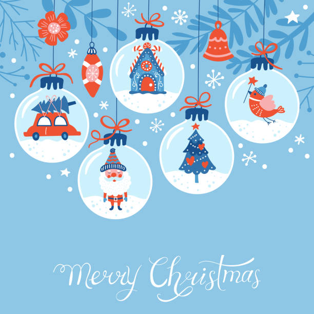 크리스마스 휴일 귀여운 인사말 카드 디자인 - 크리스마스 장식품 일러스트 stock illustrations