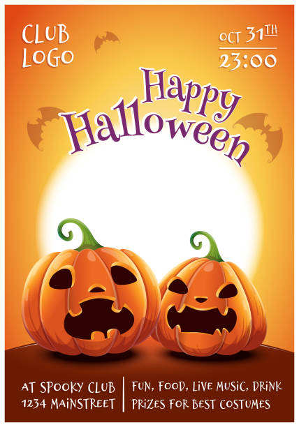 happy halloween editierbare poster mit ängstlich und wütend kürbisse auf orangem hintergrund mit vollmond. happy halloween-party. - scroll halloween pumpkin letter stock-grafiken, -clipart, -cartoons und -symbole