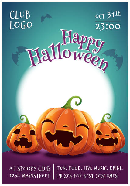 happy halloween bearbeitet werden poster mit lächeln, ängstlich und wütend kürbisse auf dunkelblauem hintergrund mit vollmond. happy halloween-party. - scroll halloween pumpkin letter stock-grafiken, -clipart, -cartoons und -symbole