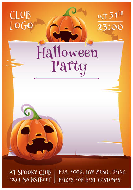 happy halloween editierbare plakat mit lächelnden und angst kürbisse mit pergament auf orangem hintergrund mit fledermäusen. happy halloween-party. - scroll halloween pumpkin letter stock-grafiken, -clipart, -cartoons und -symbole