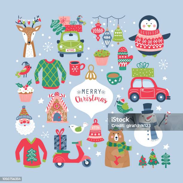 Set Di Elementi Carini Per Le Vacanze Di Natale - Immagini vettoriali stock e altre immagini di Natale - Natale, Inverno, Vacanze