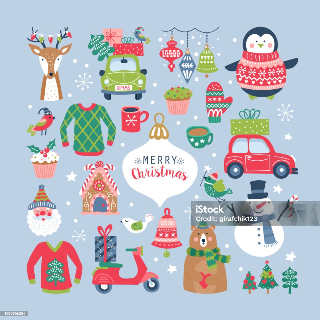 Christmas holiday cute elements set Christmas holiday cute elements set. Childish print for cards, stickers, apparel and nursery decoration. Vector Illustration Christmas stock vector