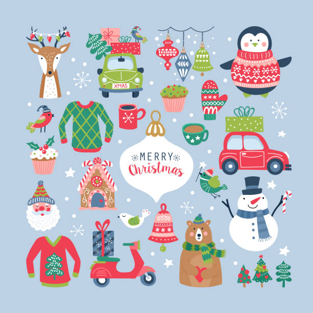 Christmas holiday cute elements set Christmas holiday cute elements set. Childish print for cards, stickers, apparel and nursery decoration. Vector Illustration winter icons stock illustrations