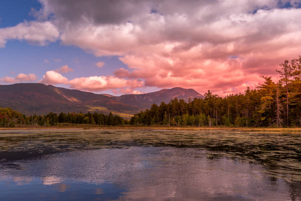 Mount Katahdin from compass pond wide angle near sunrise Fall color from compass pond mt katahdin stock pictures, royalty-free photos & images