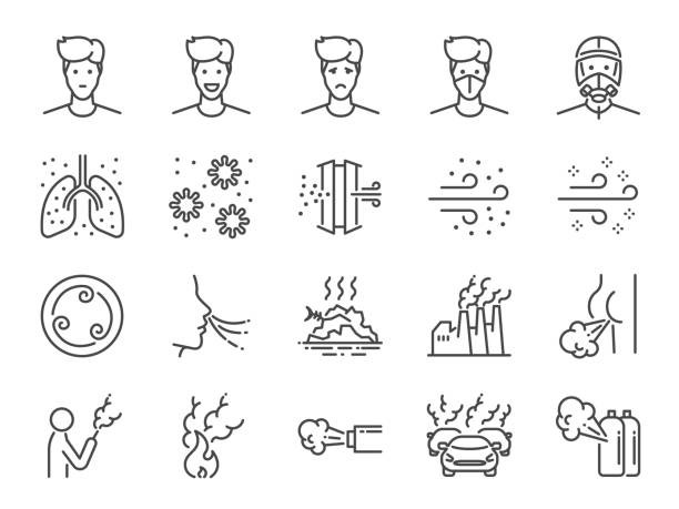 ilustraciones, imágenes clip art, dibujos animados e iconos de stock de conjunto de iconos de línea de contaminación de aire. incluye iconos como humo, olor, contaminación, fábrica, polvo y mucho más. - breathe