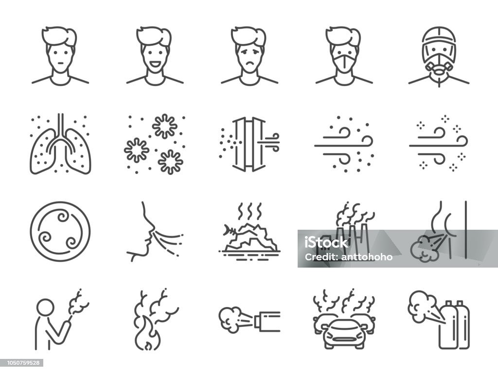 Air pollution line icon set. Included icons as smoke, smell, pollution, factory, dust and more. Icon Symbol stock vector