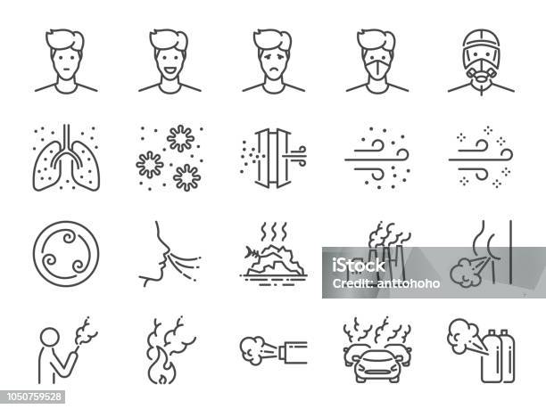 Air Pollution Line Icon Set Included Icons As Smoke Smell Pollution Factory Dust And More Stock Illustration - Download Image Now