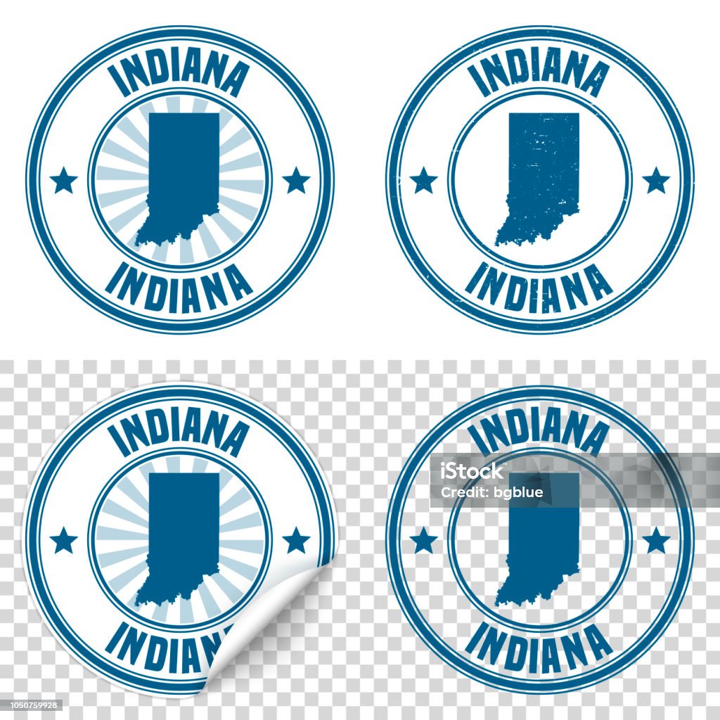 Indiana - Blue sticker and stamp with name and map Map of Indiana on a blue sticker and a blue rubber stamp. They are composed of the map in the middle with the names around, separated by stars. The stamp at the top right is created in a vintage style, a grunge texture is added to create a vintage and realistic effect. Vector Illustration (EPS10, well layered and grouped). Easy to edit, manipulate, resize or colorize. Please do not hesitate to contact me if you have any questions, or need to customise the illustration. http://www.istockphoto.com/portfolio/bgblue Indiana stock vector