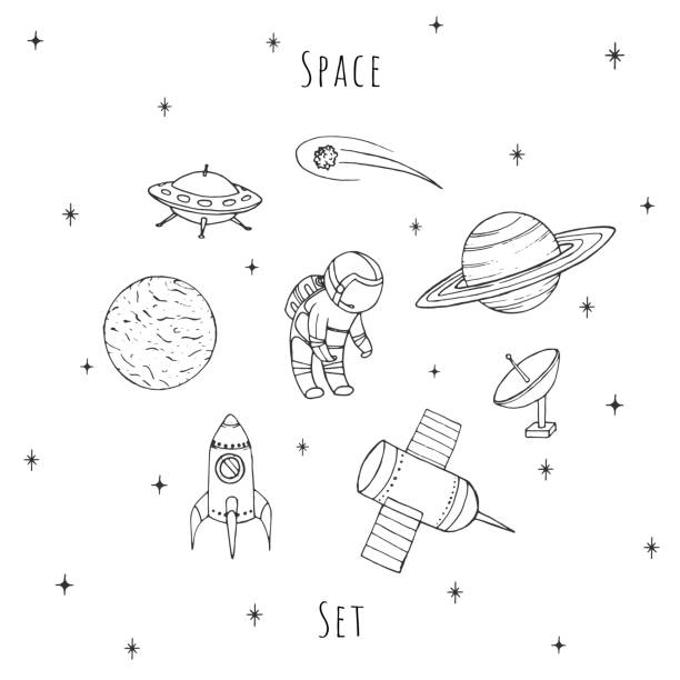 손으로 그린된 벡터 공간 요소: 우주 비행사, 위성, 로켓, 행성, 별 그리고 ufo. 코스모스 설정 흰색 바탕에 격리 합니다. - rocket spaceship retro revival ufo stock illustrations
