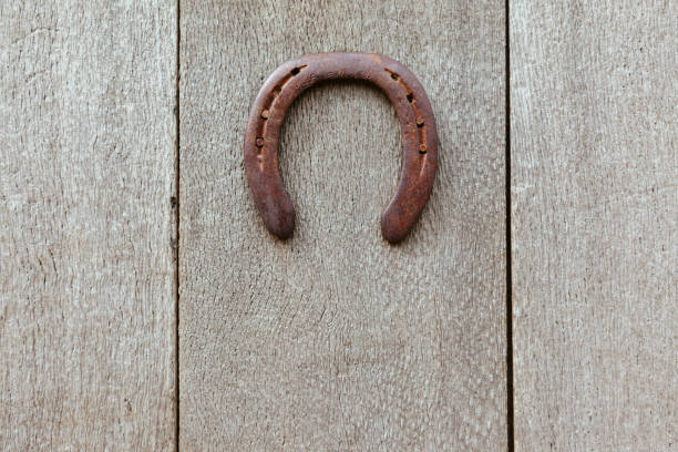 porta de madeira antiga com um símbolo de ferradura - horseshoe rusty nail old - fotografias e filmes do acervo