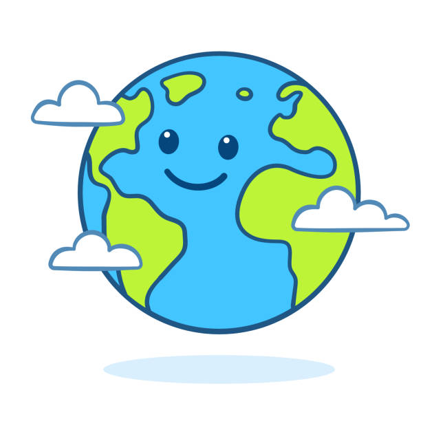 Cute cartoon Earth Planet Earth drawing with cute cartoon face. Nature and ecology vector clip art illustration. anthropomorphic smiley face illustrations stock illustrations