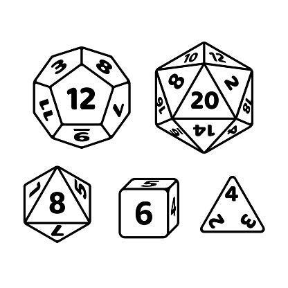 Set of polyhedron dice for fantasy RPG tabletop games. d20, d12, d8 and cube with numbers on sides. Black and white vector icons.