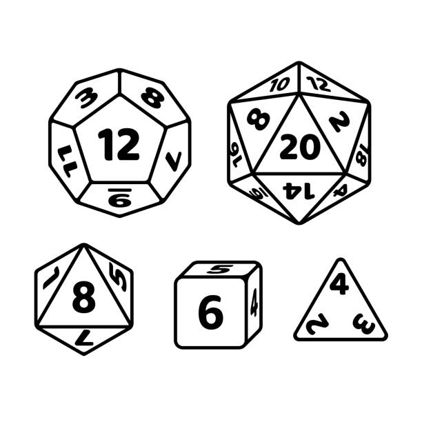 Game dice set Set of polyhedron dice for fantasy RPG tabletop games. d20, d12, d8 and cube with numbers on sides. Black and white vector icons. developing 8 stock illustrations
