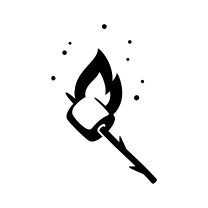 Toasted marshmallow on stick with fire flame, black and white retro style illustration.