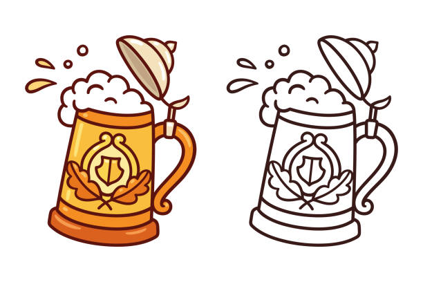 Traditional beer stein Traditional Beer Fest stein, beer mug, with splashes of foam and beer. Cartoon doodle style vector clip art illustration. german beer stock illustrations