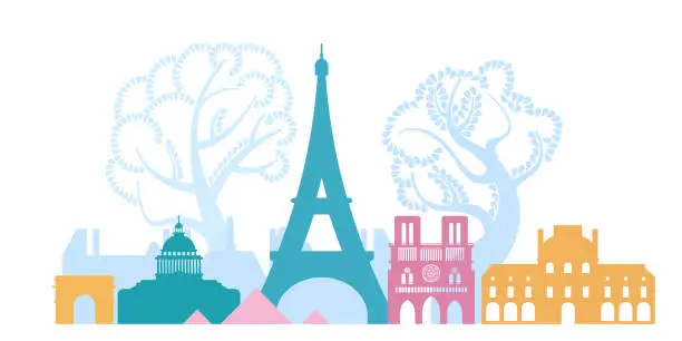Vector illustration of France, the city of Paris. The architecture of the city. Eiffel Tower, Notre Dame de Paris cathedral, Louvre, triumphal arch, pantheon. Historic architecture day.