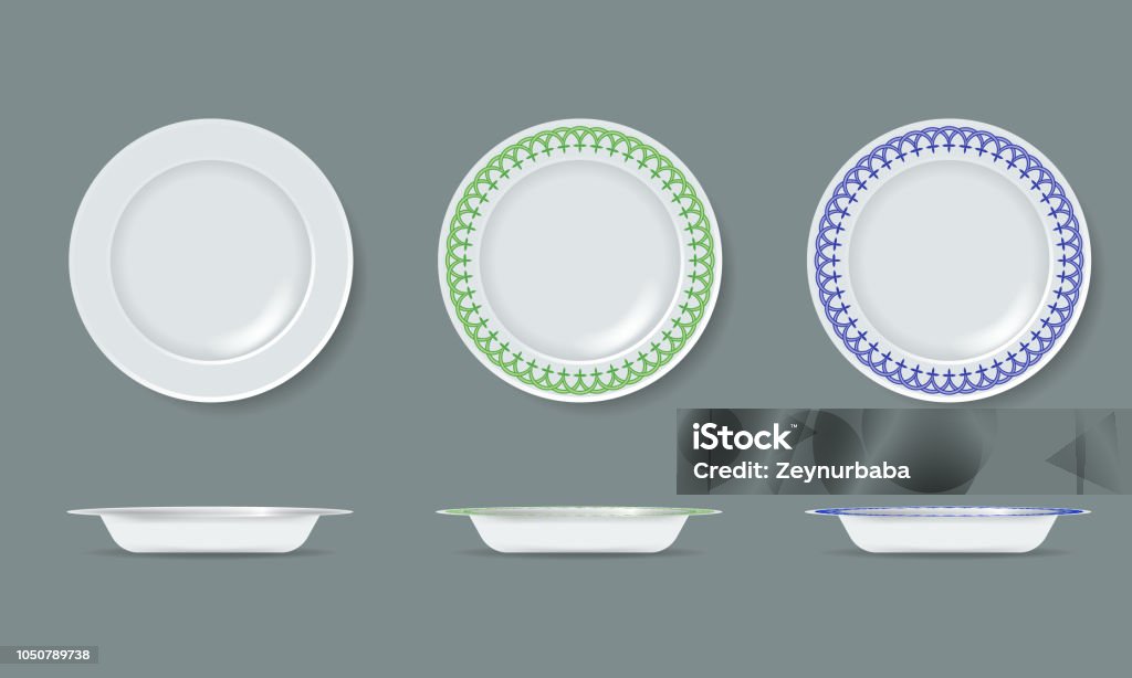 White empty and decorated ceramic plate mock up with top and side view. Vector Illustration. White empty and decorated ceramic plate mock up with top and side view. Detailed Vector Illustration. Plate stock vector