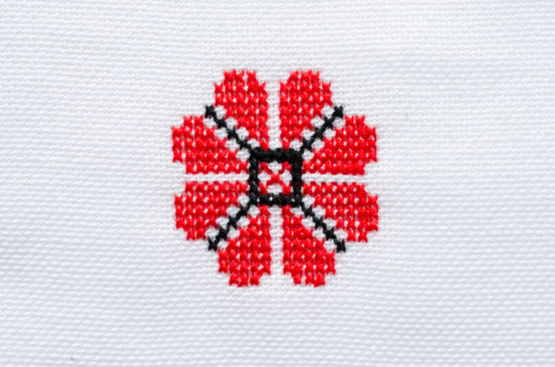 istock Element Handmade Embroidery on White Linen by Red and Black Cotton Threads. 1050791778