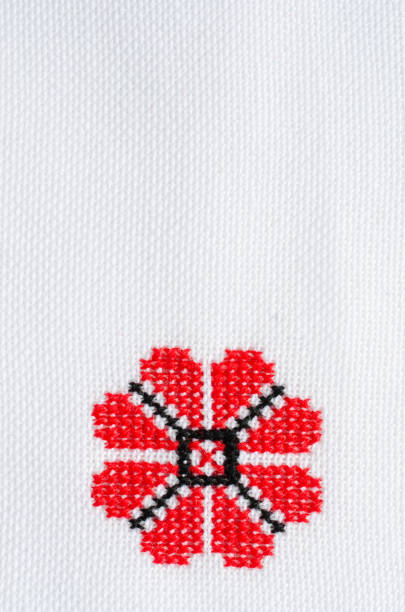 istock Element Handmade Embroidery on White Linen by Red and Black Cotton Threads. 1050792006