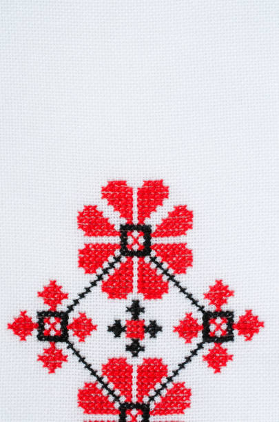 istock Element Handmade Embroidery on White Linen by Red and Black Cotton Threads. 1050792832