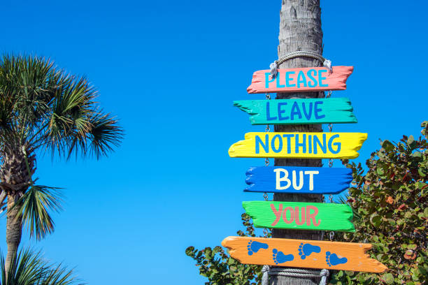 cartello spiaggia colorato sulla palma - sign beach wood beach sign foto e immagini stock