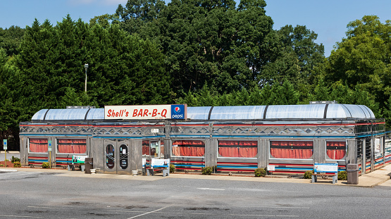 Hickory, NC, USA-9/2/18: Shell's BAR-B-Q is a 1950's style restaurant.