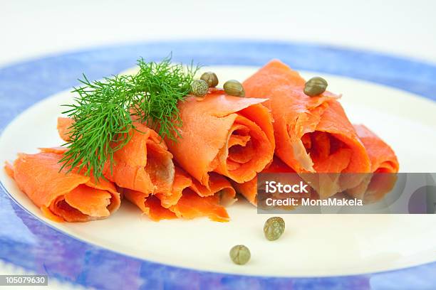 Smoked Salmon Lox Stock Photo - Download Image Now - Appetizer, Blue, Caper